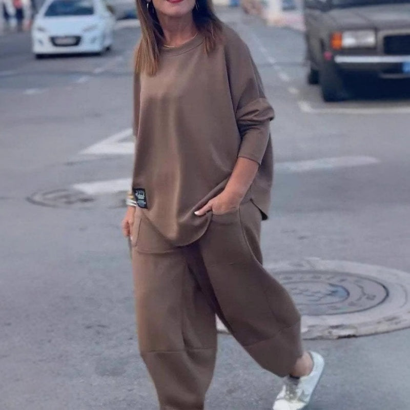 Ensemble 2 pièces en coton décontracté, haut et pantalon de couleur unie