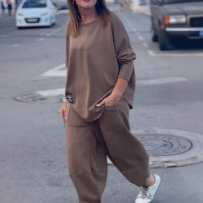 Ensemble 2 pièces en coton décontracté, haut et pantalon de couleur unie