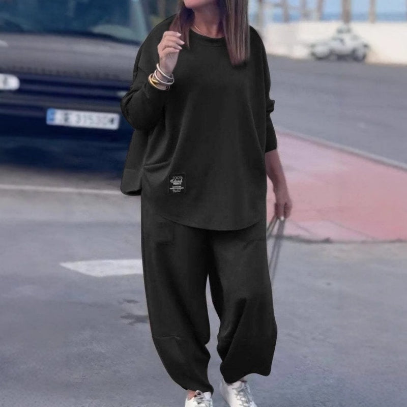 Ensemble 2 pièces en coton décontracté, haut et pantalon de couleur unie