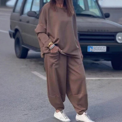 Ensemble 2 pièces en coton décontracté, haut et pantalon de couleur unie