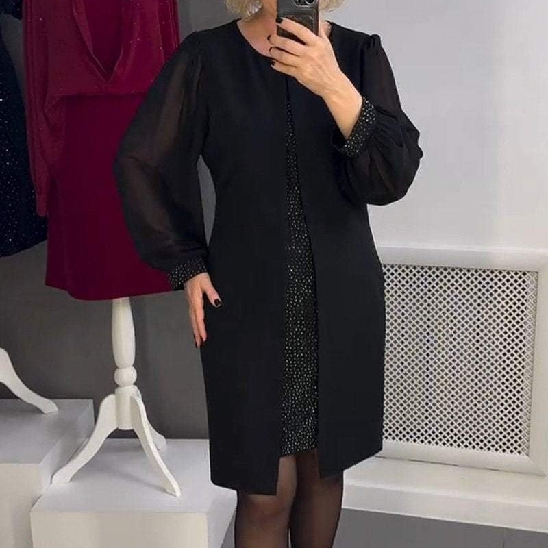 🔥Nouveautés 2025 en prévente🍃Robe midi noire décorée de strass