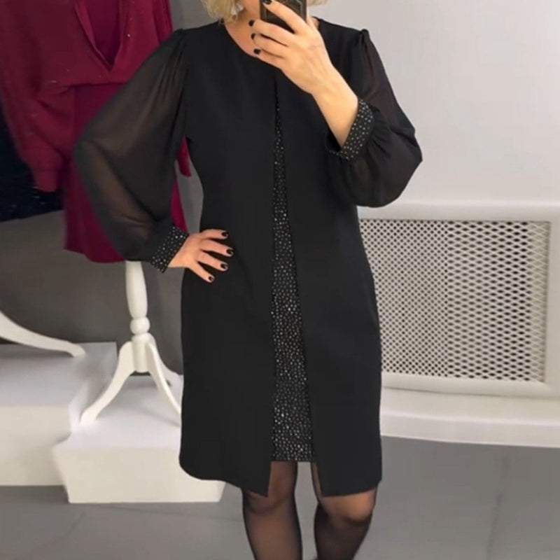 🔥Nouveautés 2025 en prévente🍃Robe midi noire décorée de strass
