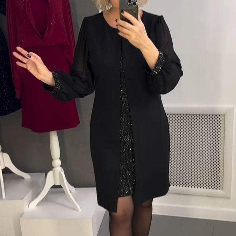 🔥Nouveautés 2025 en prévente🍃Robe midi noire décorée de strass