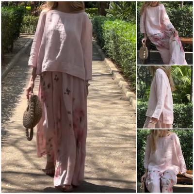 🌸🔥Ensemble deux pièces avec haut uni et pantalon large fleuri