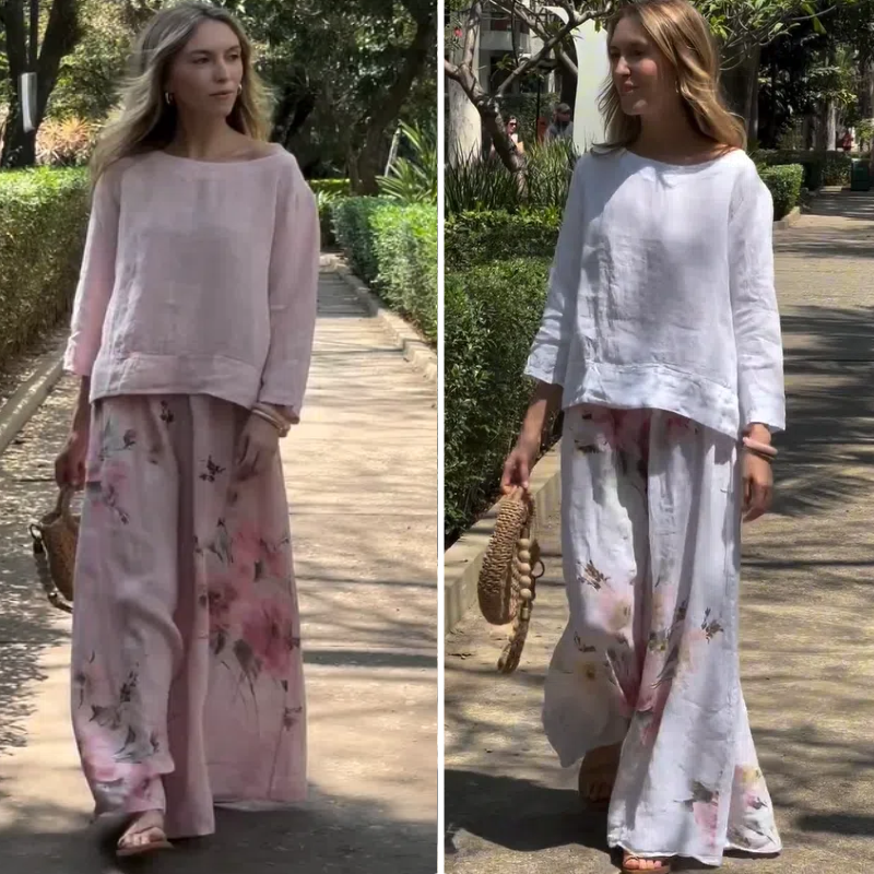 🌸🔥Ensemble deux pièces avec haut uni et pantalon large fleuri