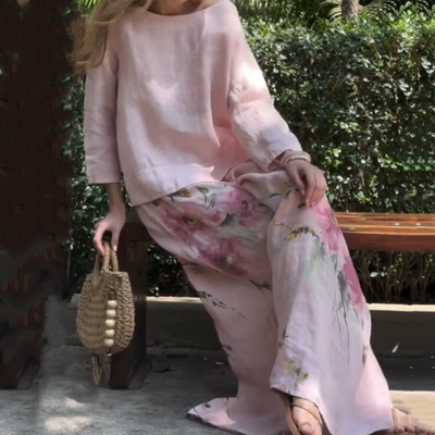 🌸🔥Ensemble deux pièces avec haut uni et pantalon large fleuri