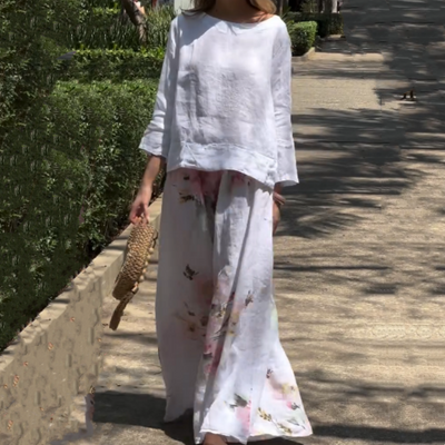 🌸🔥Ensemble deux pièces avec haut uni et pantalon large fleuri