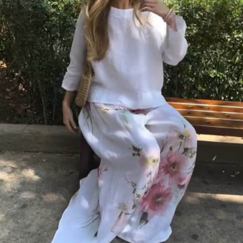 🌸🔥Ensemble deux pièces avec haut uni et pantalon large fleuri