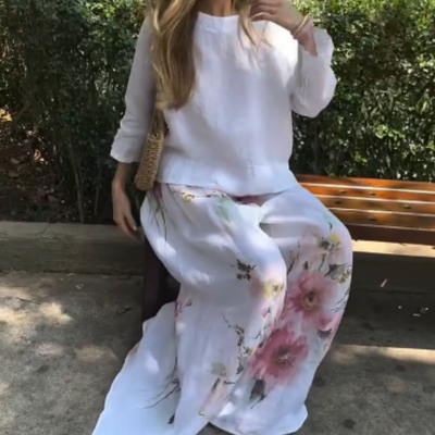 🌸🔥Ensemble deux pièces avec haut uni et pantalon large fleuri