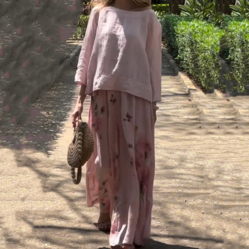 🌸🔥Ensemble deux pièces avec haut uni et pantalon large fleuri