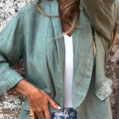 Blazer à ouverture frontale en coton et lin pour femmes