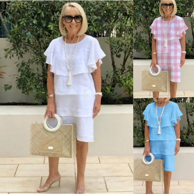 Robe Longueur Genou en Coton à Manches Courtes avec Détails à Volants