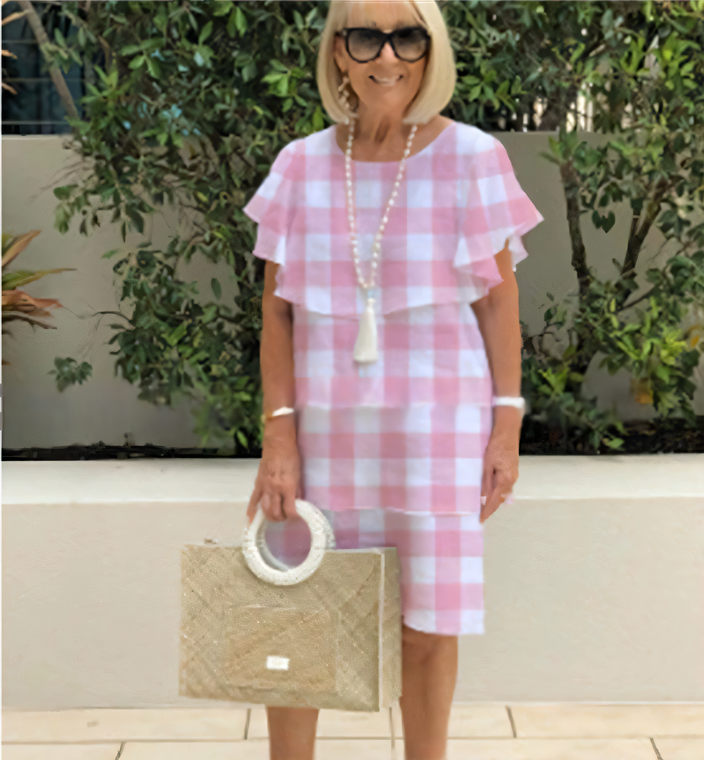 Robe Longueur Genou en Coton à Manches Courtes avec Détails à Volants