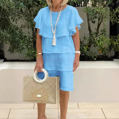 Robe Longueur Genou en Coton à Manches Courtes avec Détails à Volants