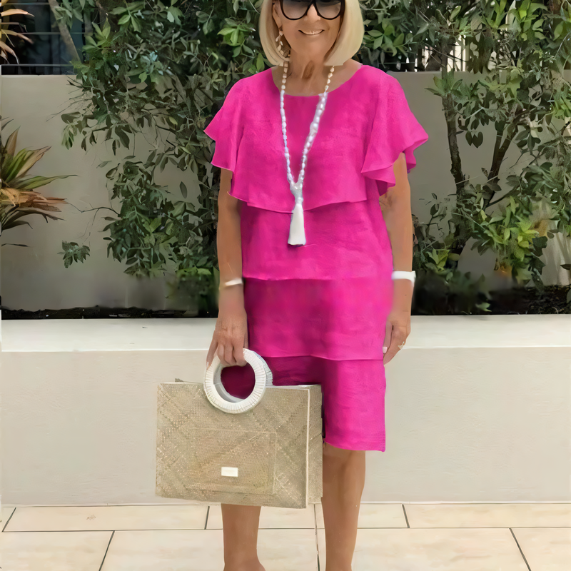 Robe Longueur Genou en Coton à Manches Courtes avec Détails à Volants