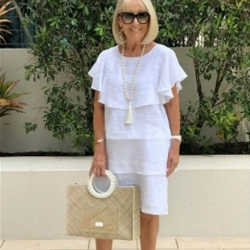 Robe Longueur Genou en Coton à Manches Courtes avec Détails à Volants