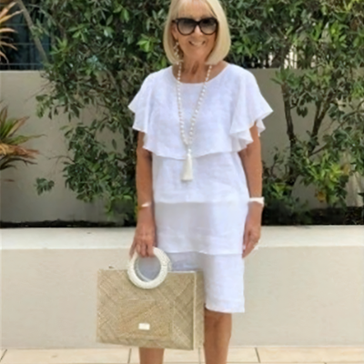 Robe Longueur Genou en Coton à Manches Courtes avec Détails à Volants