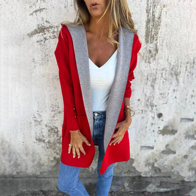 🌸Offres de printemps💐 Manteau à capuche ouvert sur le devant à blocs de couleurs pour femmes