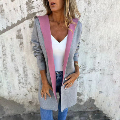 🌸Offres de printemps💐 Manteau à capuche ouvert sur le devant à blocs de couleurs pour femmes