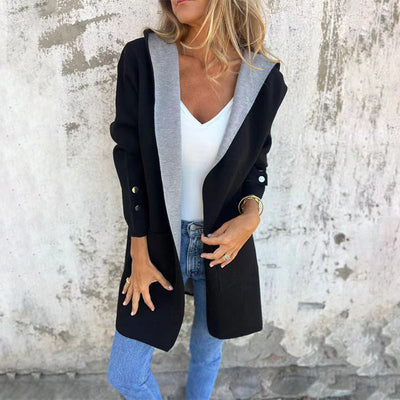 🌸Offres de printemps💐 Manteau à capuche ouvert sur le devant à blocs de couleurs pour femmes