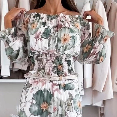 Ensemble deux pièces à motif floral : blouse épaules dénudées & jupe longue