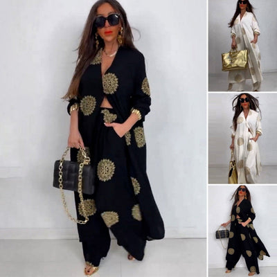 Ensemble deux pièces pour femmes comprenant un haut ample à col en V et un pantalon large imprimé