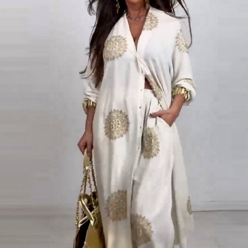 Ensemble deux pièces pour femmes comprenant un haut ample à col en V et un pantalon large imprimé