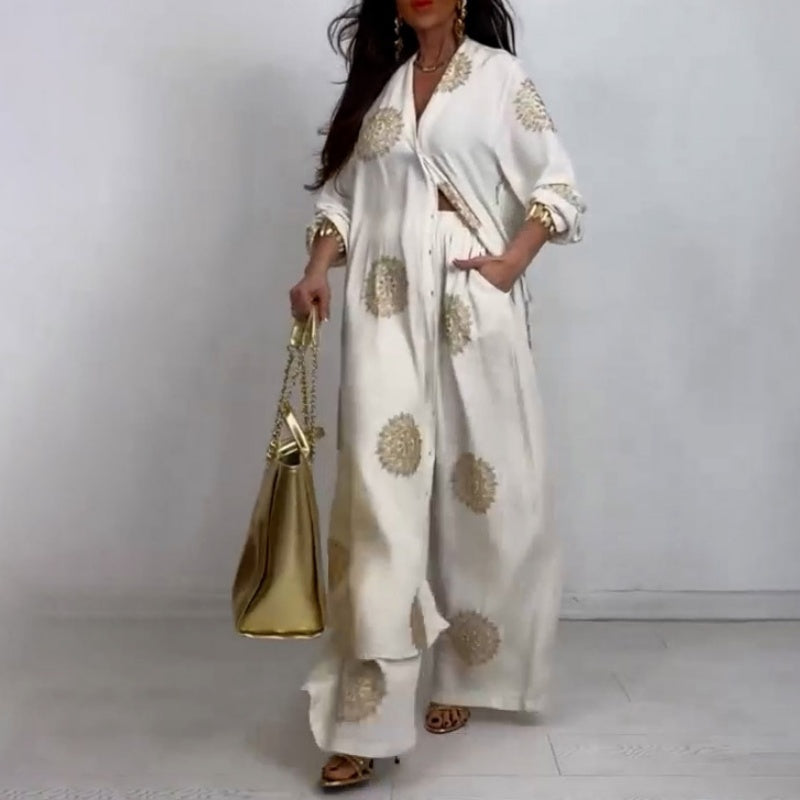 Ensemble deux pièces pour femmes comprenant un haut ample à col en V et un pantalon large imprimé