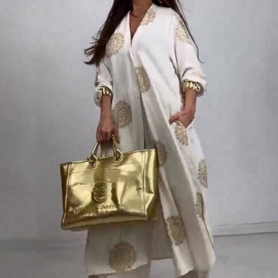 Ensemble deux pièces pour femmes comprenant un haut ample à col en V et un pantalon large imprimé