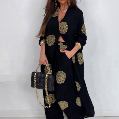 Ensemble deux pièces pour femmes comprenant un haut ample à col en V et un pantalon large imprimé