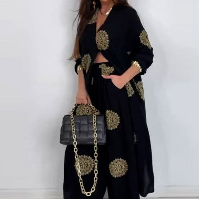 Ensemble deux pièces pour femmes comprenant un haut ample à col en V et un pantalon large imprimé