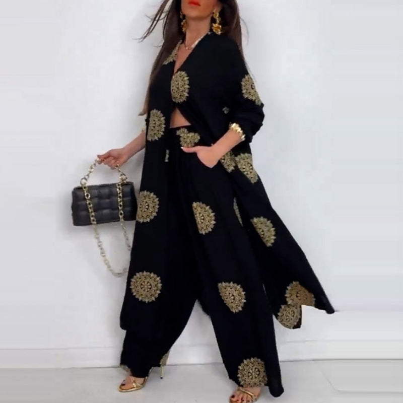 Ensemble deux pièces pour femmes comprenant un haut ample à col en V et un pantalon large imprimé