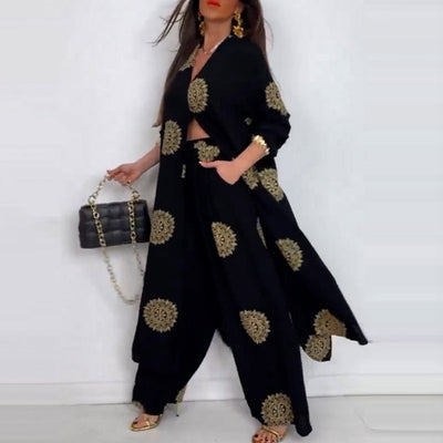 Ensemble deux pièces pour femmes comprenant un haut ample à col en V et un pantalon large imprimé