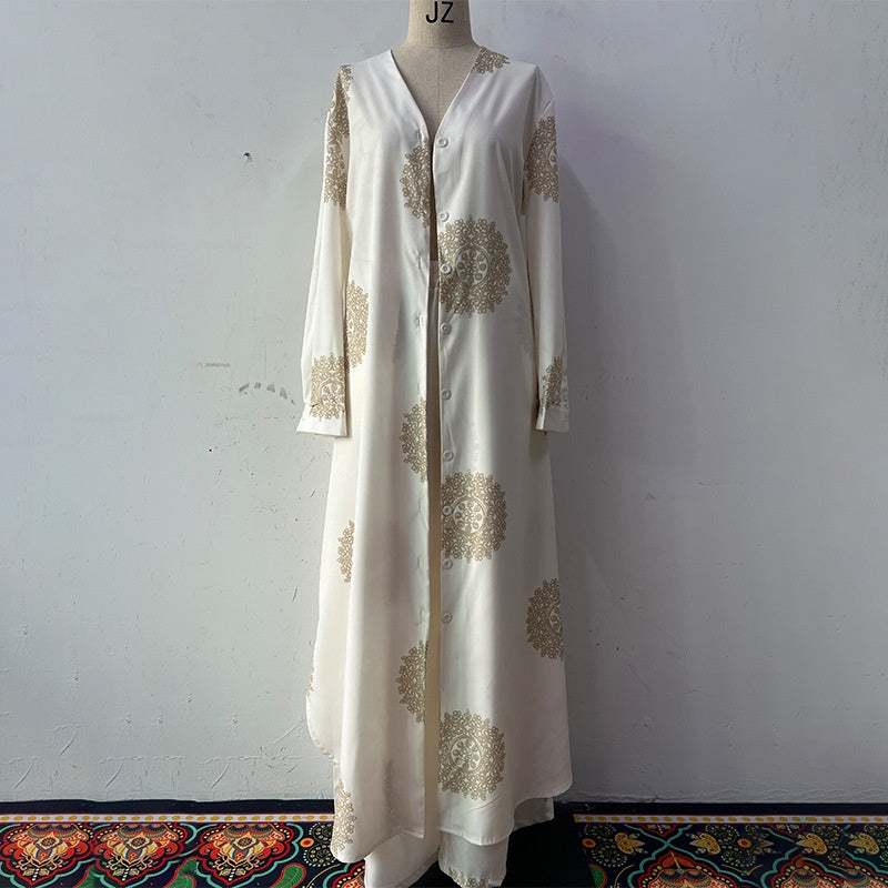 Ensemble deux pièces pour femmes comprenant un haut ample à col en V et un pantalon large imprimé