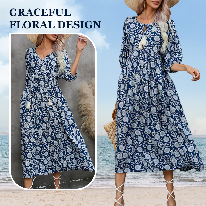 Élégante robe longue à col en V pour femmes avec imprimé floral