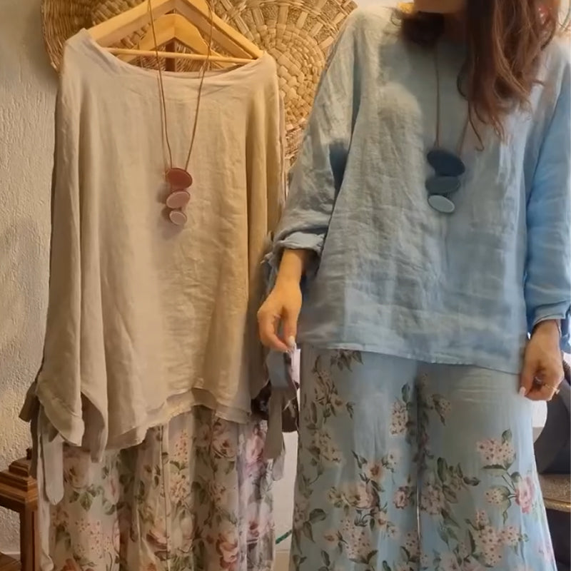 💥Ensemble coton et lin pour femmes - Top ample et pantalon large imprimé