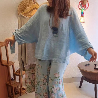 💥Ensemble coton et lin pour femmes - Top ample et pantalon large imprimé