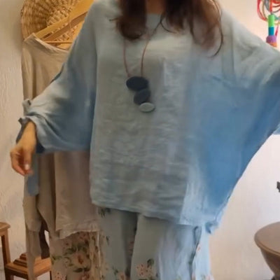 💥Ensemble coton et lin pour femmes - Top ample et pantalon large imprimé