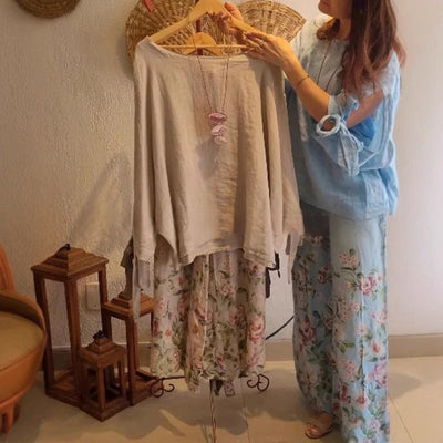 💥Ensemble coton et lin pour femmes - Top ample et pantalon large imprimé