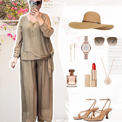 Ensemble 2 pièces chemisier à paillettes et pantalon large pour femmes