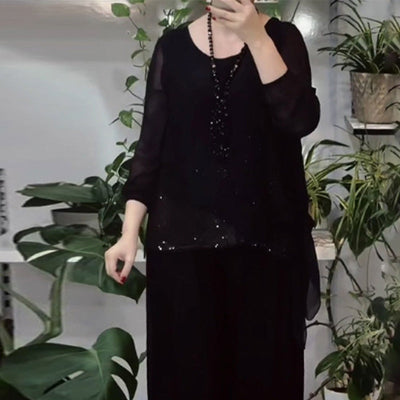 Ensemble 2 pièces chemisier à paillettes et pantalon large pour femmes