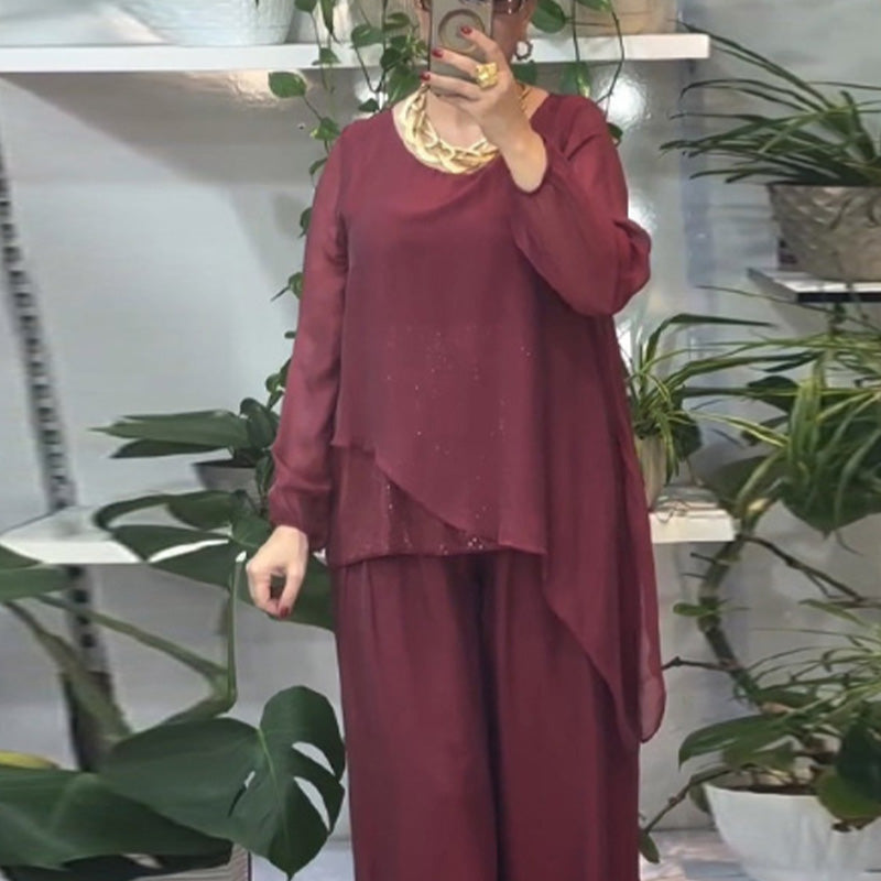 Ensemble 2 pièces chemisier à paillettes et pantalon large pour femmes