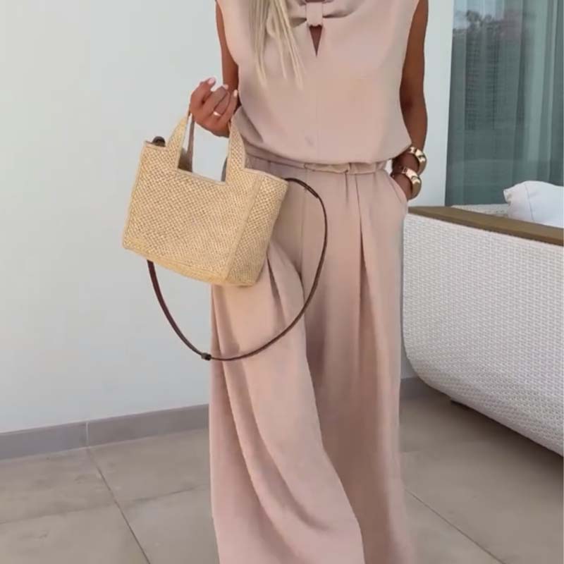 🔥Ensemble 2 pièces - Tops sans manches à col en V et pantalon ample