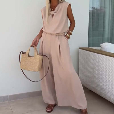 🔥Ensemble 2 pièces - Tops sans manches à col en V et pantalon ample