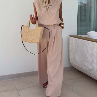 🔥Ensemble 2 pièces - Tops sans manches à col en V et pantalon ample