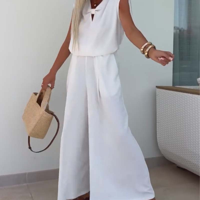 🔥Ensemble 2 pièces - Tops sans manches à col en V et pantalon ample