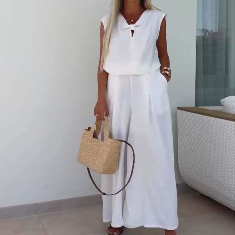 🔥Ensemble 2 pièces - Tops sans manches à col en V et pantalon ample