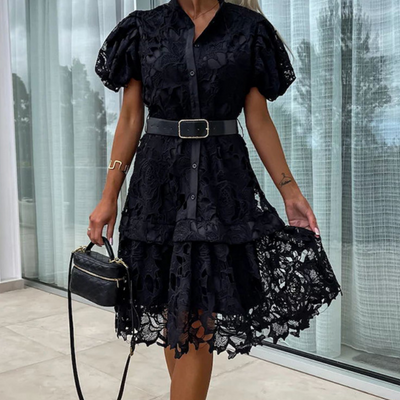 Robe rétro en dentelle évidée à manches courtes pour femme