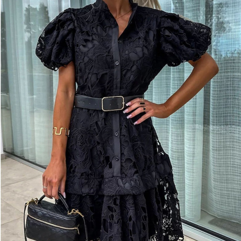 Robe rétro en dentelle évidée à manches courtes pour femme