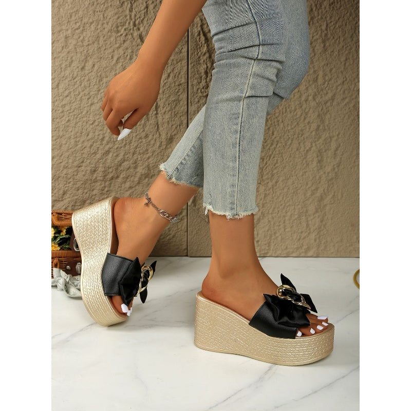 Pantoufles à semelles compensées en cuir PU avec nœud papillon